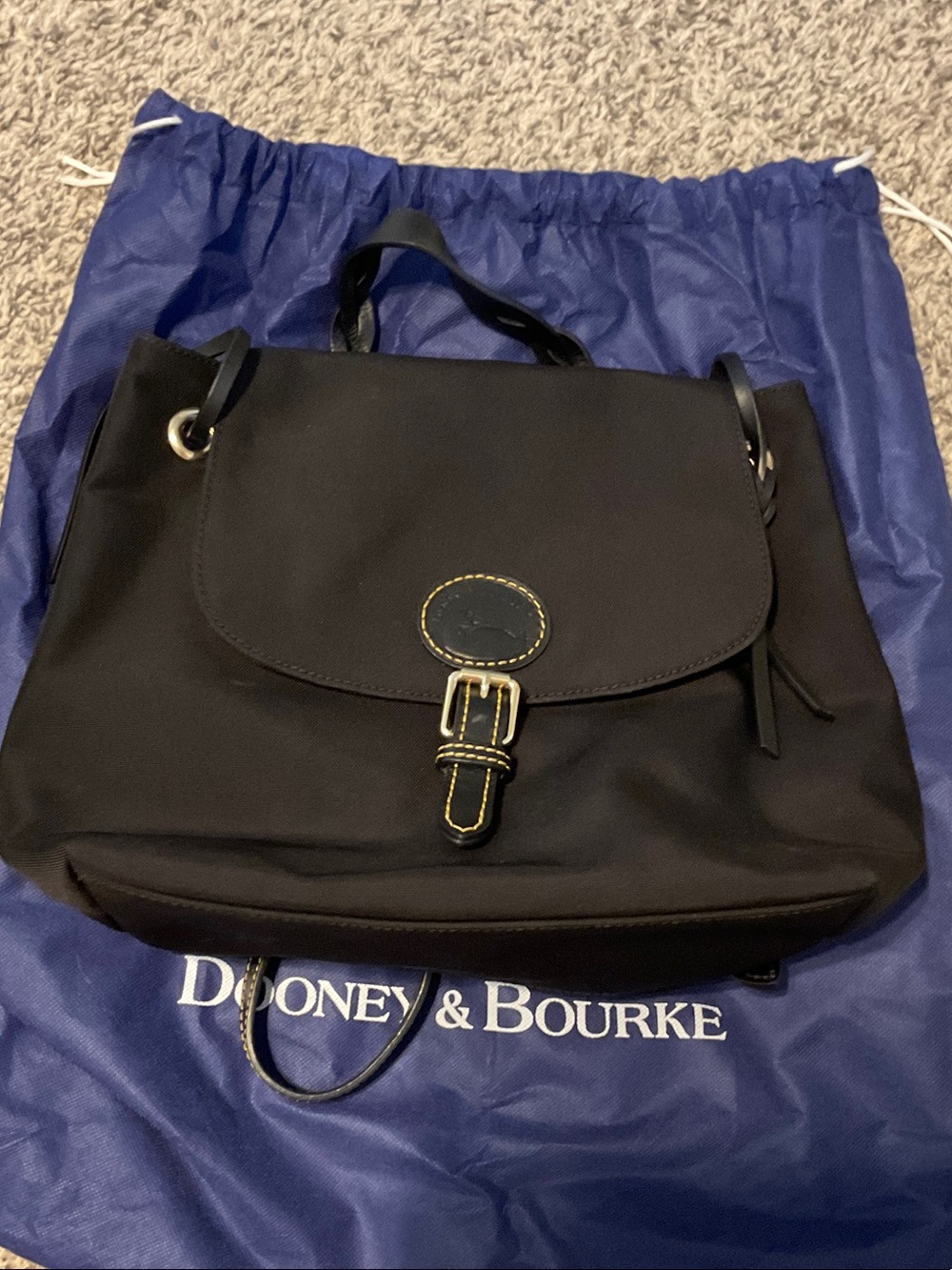 Dooney & Bourke Black Nylon Shoulder Bag with Gold Buckle Detail